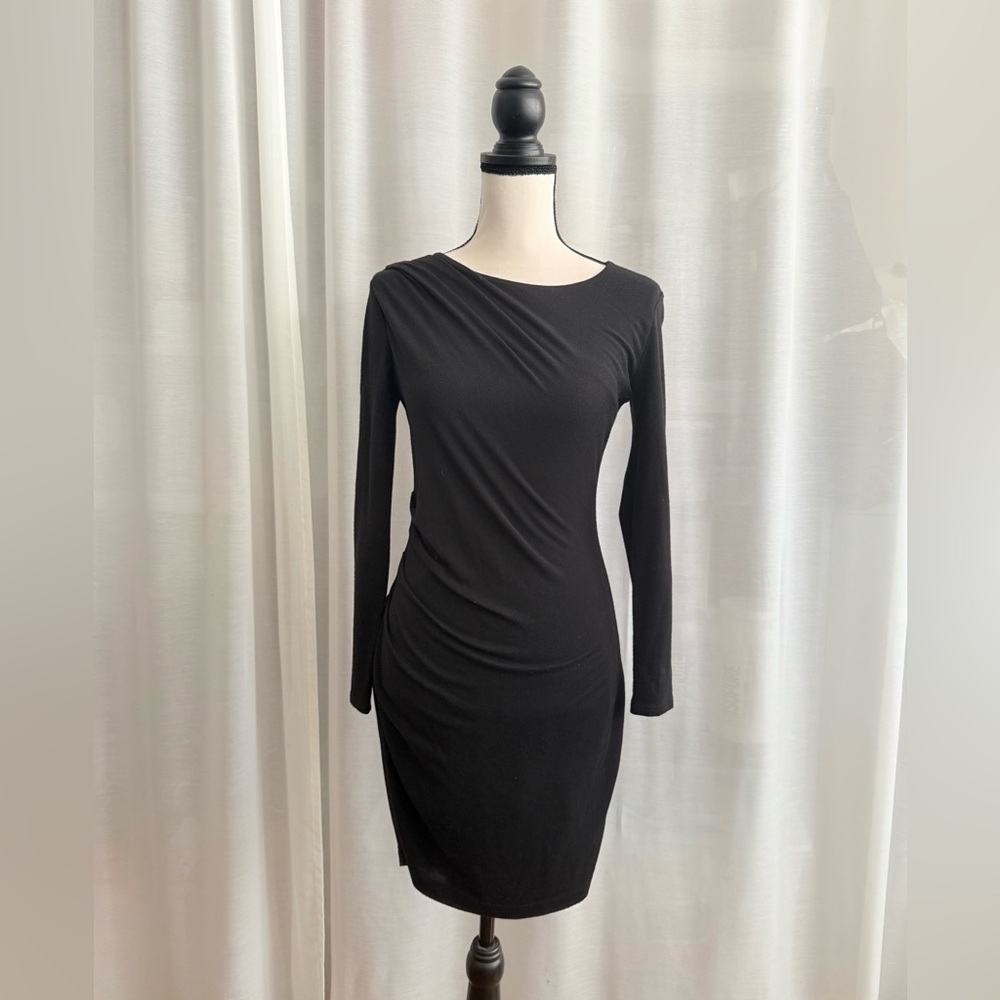 Banana Republic PETITE SMALL Black Ruched Asymmetrical Sheath Dress